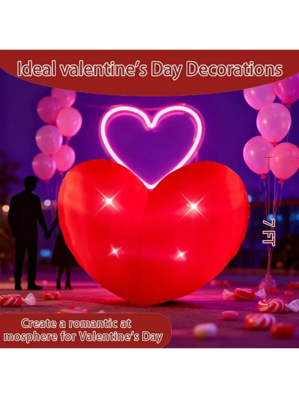 7ft Inflatable Heart Decoration for Valentine's Day - LED Outdoor Yard Decor